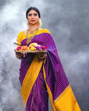 Purple And Yellow Lichi Silk Saree With Beautiful Pallu