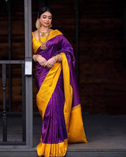 Purple And Yellow Lichi Silk Saree With Beautiful Pallu