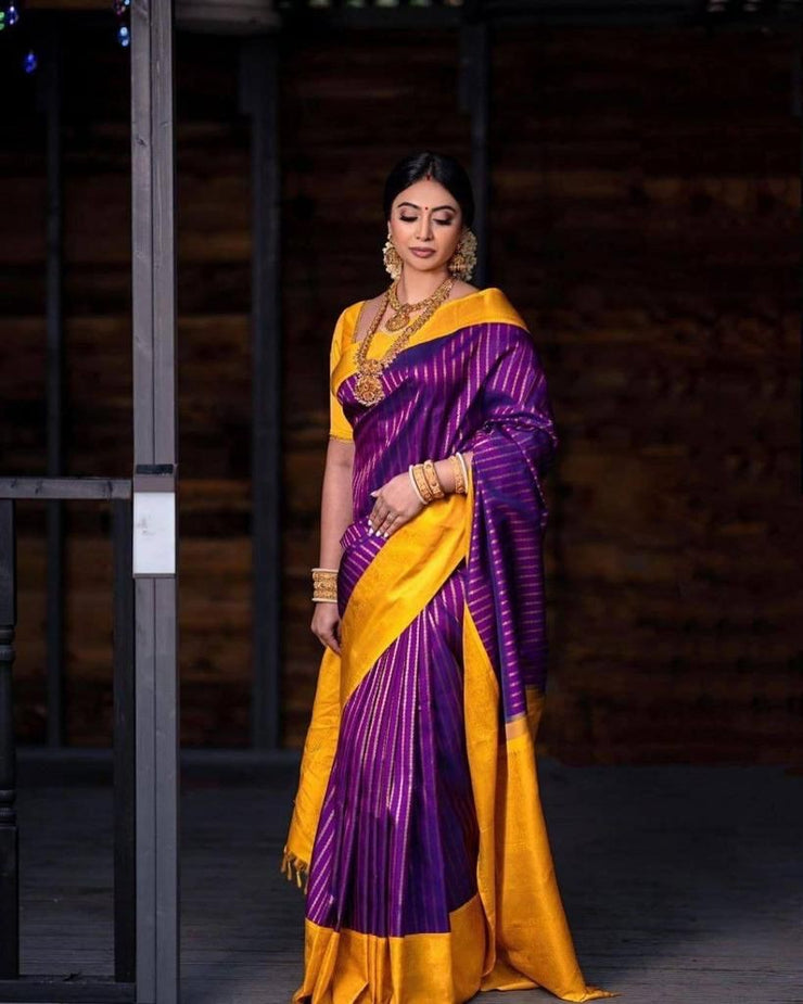 Purple And Yellow Lichi Silk Saree With Beautiful Pallu