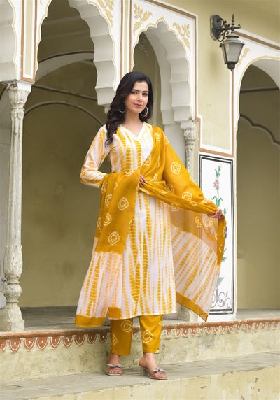 Yellow and White Tie Die printed Kurta Set with Bottom and Dupatta