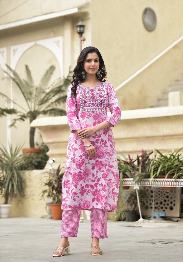 White and Pink Beautiful Daily Wear Kurta set with Dupatta and Bottom Wear