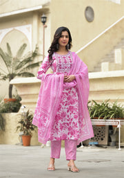 White and Pink Beautiful Daily Wear Kurta set with Dupatta and Bottom Wear