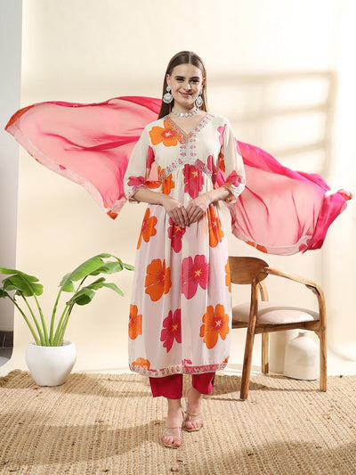 Women's Chanderi Flowers Printed Anarkali Kurta and Pant with Dupatta Set