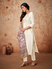 Women Embroidered Straight Kurta with Pants & Dupatta in White Color