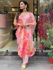 Pink Party Wear Embroidery Worked Kurta With Pant And Duppata Set