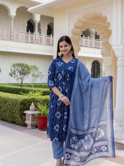 Women Blue Indigo Kurta and Pant Set With Dupatta