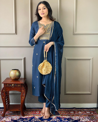 Women Embroidered Rayon Slub Straight Kurta With Pant Dupatta Set