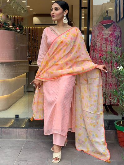 Peach Party Wear Embroidery Worked Kurta With Pant And Duppata Set