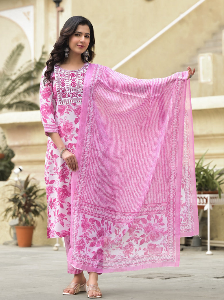 White and Pink Beautiful Daily Wear Kurta set with Dupatta and Bottom Wear