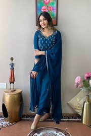 Blue Party Wear Embroidery Worked Kurta With Pant And Duppata Set