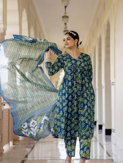 Women Printed A-Line Kurta and Pant Set with Dupatta Set