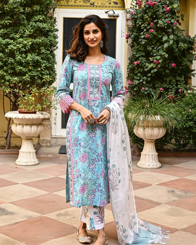 Pink & Sky Blue Fancy Kurti With Bottom Dupatta set