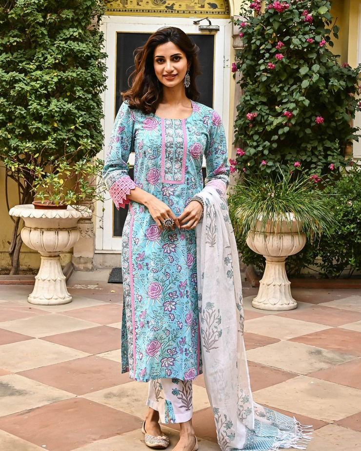 Pink & Sky Blue Fancy Kurti With Bottom Dupatta set