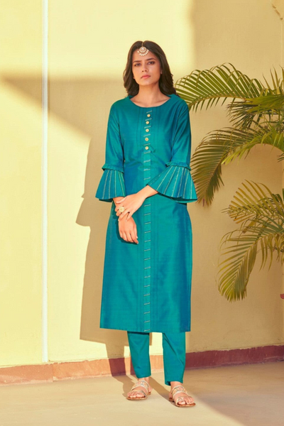 Teal Blue Latest Roman Silk Kurti With Pant