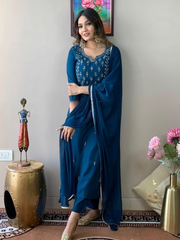 Blue Party Wear Embroidery Worked Kurta With Pant And Duppata Set