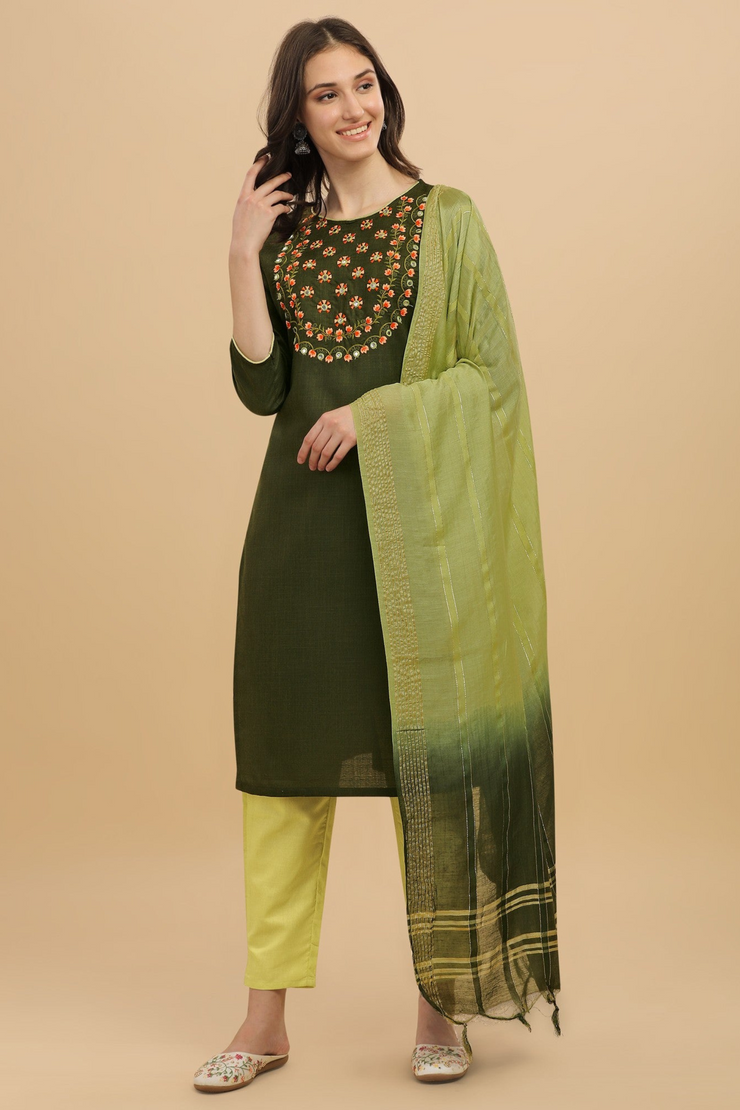 Green Colour Slub Cotton Embroidery Casual Wear Kurta Pant Dupatta Set For Women's