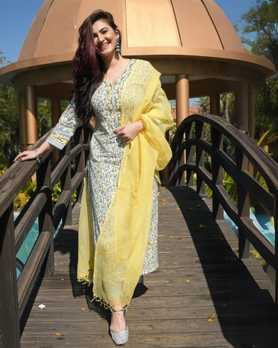 Yellow & White Fancy wear Kurti With Bottom Dupatta set