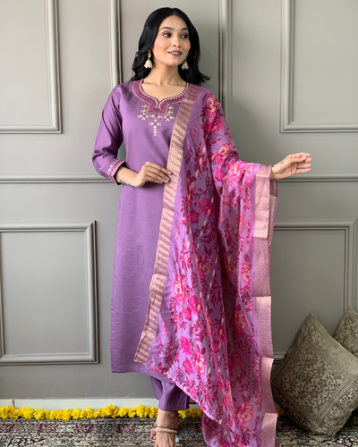 Luxurious Chanderi Silk Purple Kurta Set with Bottom and Dupatta