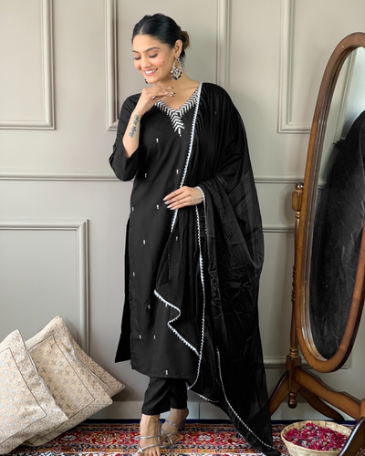 Designer Kurta set with Bottom Pant and Plain Dupatta in Black Color