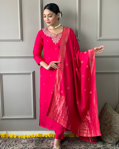 Beautiful Pink Viscose Chanderi Kurta Set with Bottom Wear and Dupatta