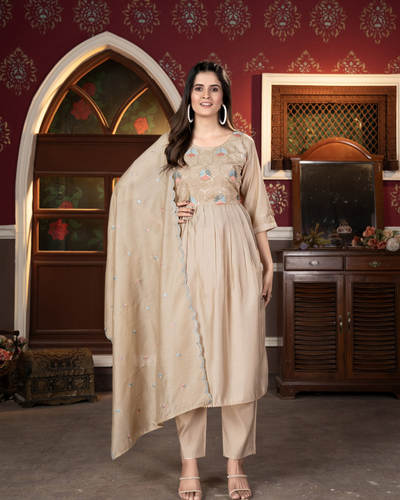 Women's Viscous Rayon Flared Kurta With Pant And Cut Work Dupatta