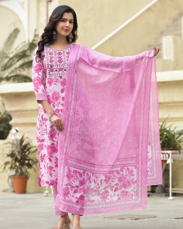 White and Pink Beautiful Daily Wear Kurta set with Dupatta and Bottom Wear