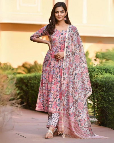 Peach & Baby Pink Printed Fancy Kurti With Bottom Dupatta set