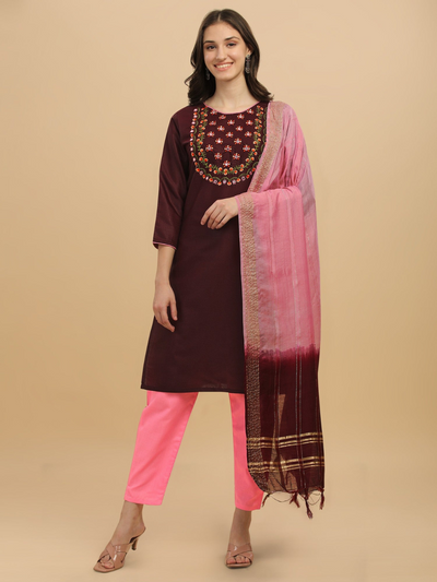 Wine Colour Slub Cotton Embroidery Casual Wear Kurta Pant Dupatta Set For Women's