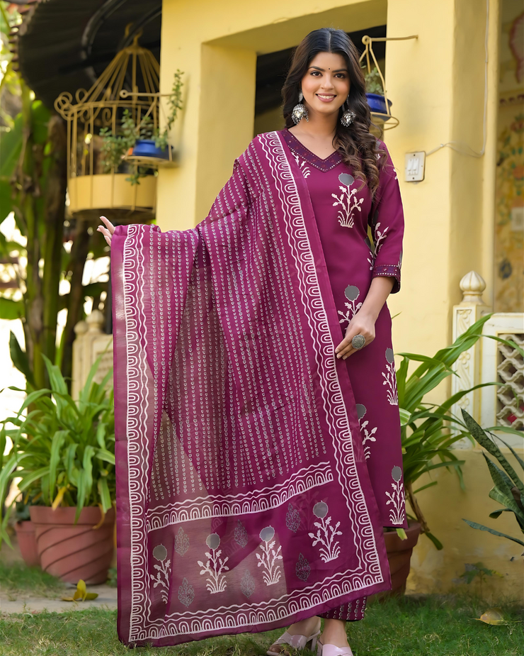 Wine Color Straight Kurta Set with Bottom Wear and Dupatta