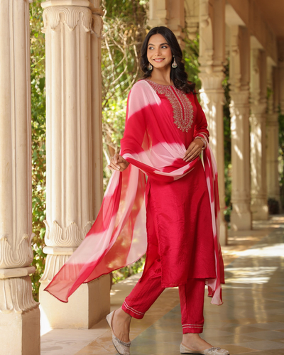 Fuchsia Pink Embroidered Designer Kurta With duppata and Bottom