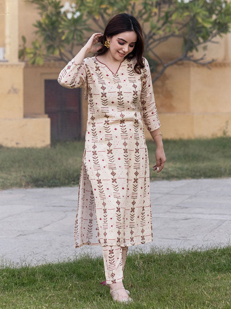 Cream Colour Pure Muslin Readymade Kurti With Bottom Set For Women's