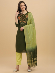 Green Colour Slub Cotton Embroidery Casual Wear Kurta Pant Dupatta Set For Women's