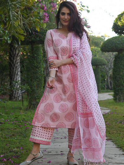 Baby Pink Printed Fancy Kurti With Bottom Dupatta set