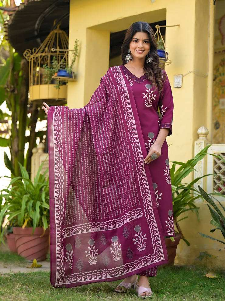 Wine Color Straight Kurta Set with Bottom Wear and Dupatta