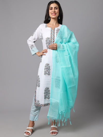 White Printed Fancy Kurti With Cyan Bottom & Dupatta set