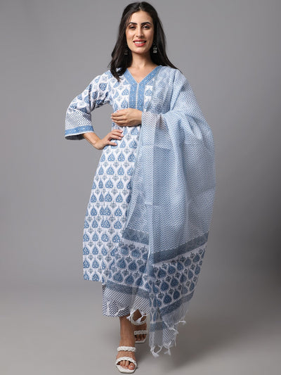 Sky Blue & White Printed Fancy Kurti With Bottom & Dupatta set