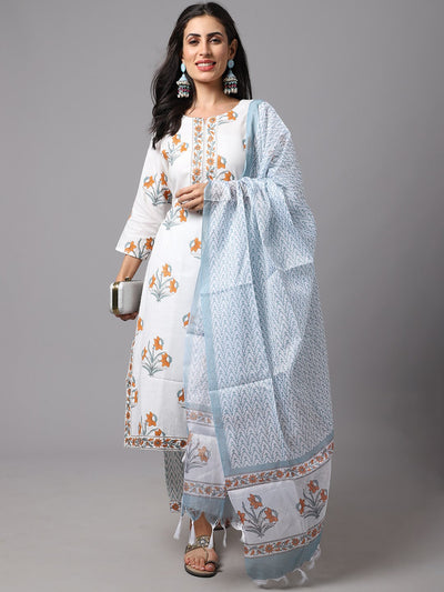 White Printed Fancy Kurti With White Bottom & Dupatta set