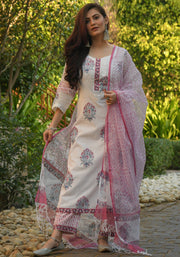 White and Magenta Printed Fancy Kurti With Bottom and Dupatta set