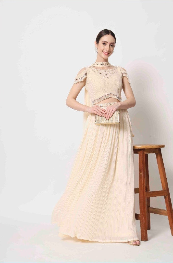 Beige Pattern Party Wear Lehenga