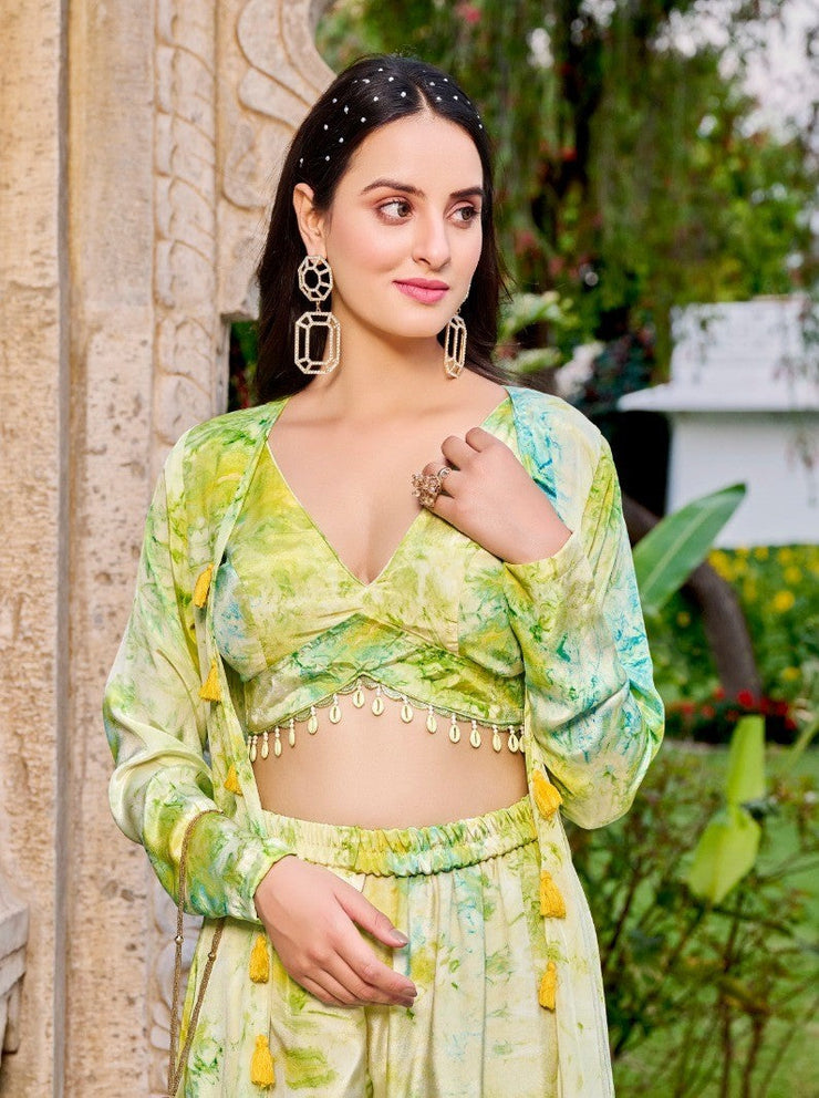 Pea Green Tie & Dye Indo Western Suit For Women