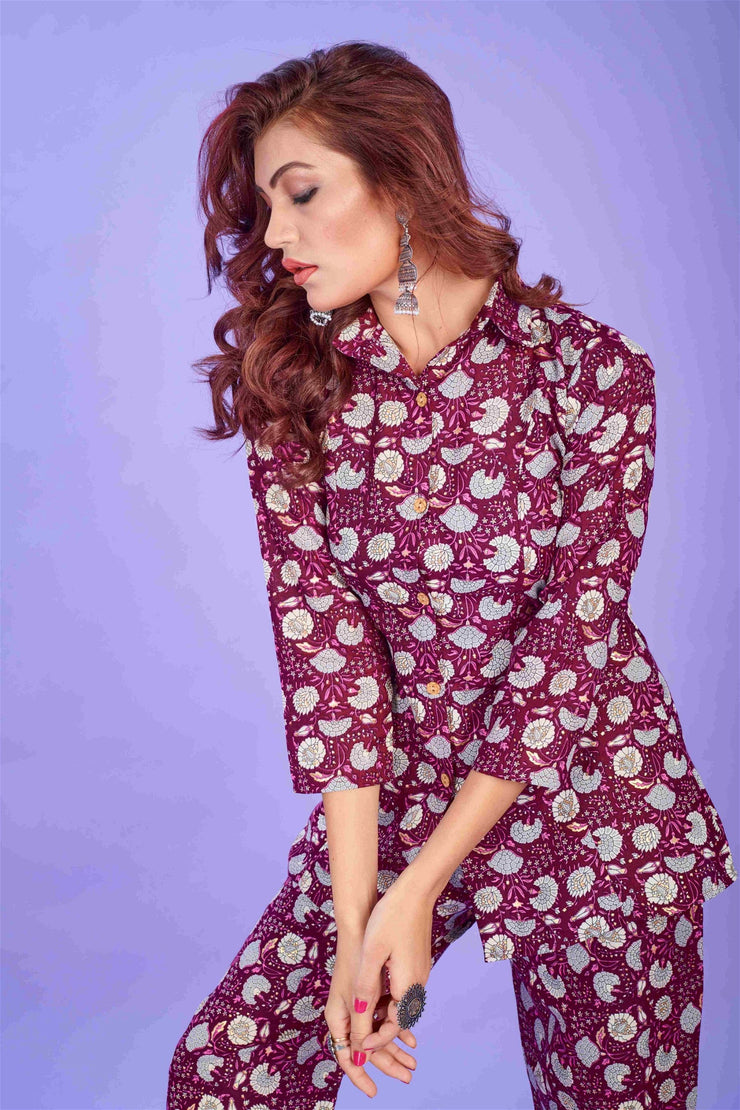 Wine Colour Cotton Printed Party Wear Co-ords Set