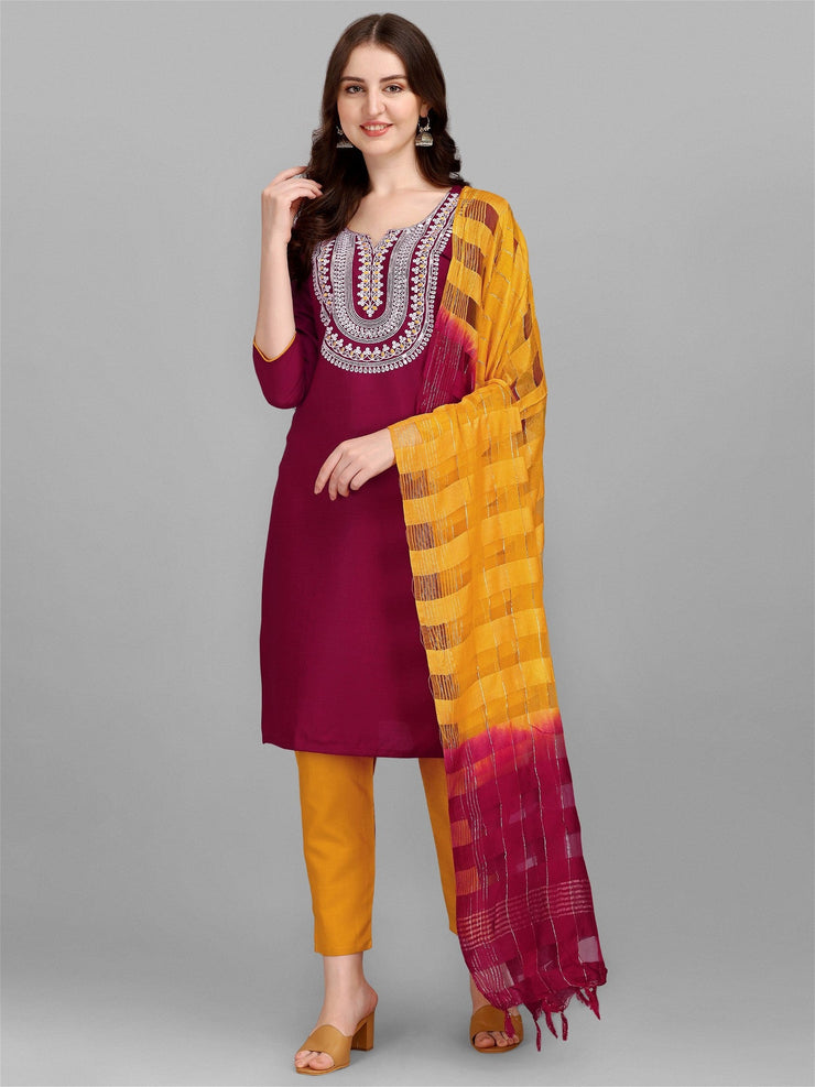 Wine Colour Slub Cotton Embroidery Kurta Pant Dupatta Set For Women's