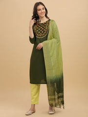 Green Colour Slub Cotton Embroidery Casual Wear Kurta Pant Dupatta Set For Women's