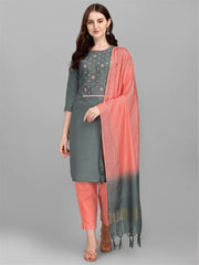 Grey Colour Slub Cotton Embroidery Work Casual Wear Kurta Pant Dupatta Set For Women's