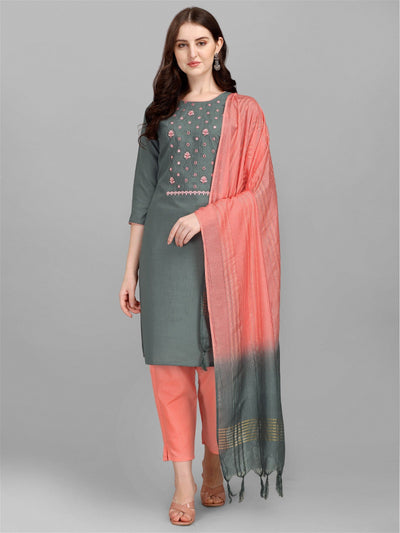 Grey Colour Slub Cotton Embroidery Work Casual Wear Kurta Pant Dupatta Set For Women's