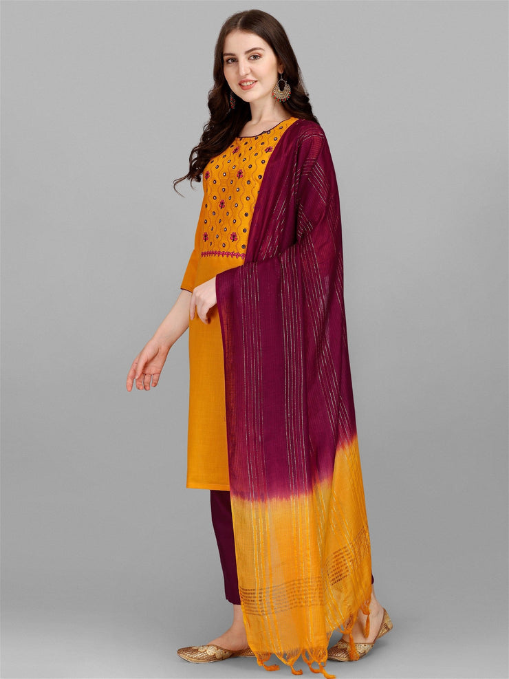 Yellow Colour Slub Cotton Embroidery Work Casual Wear Kurta Pant Dupatta Set For Women's