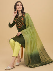 Green Colour Slub Cotton Embroidery Casual Wear Kurta Pant Dupatta Set For Women's