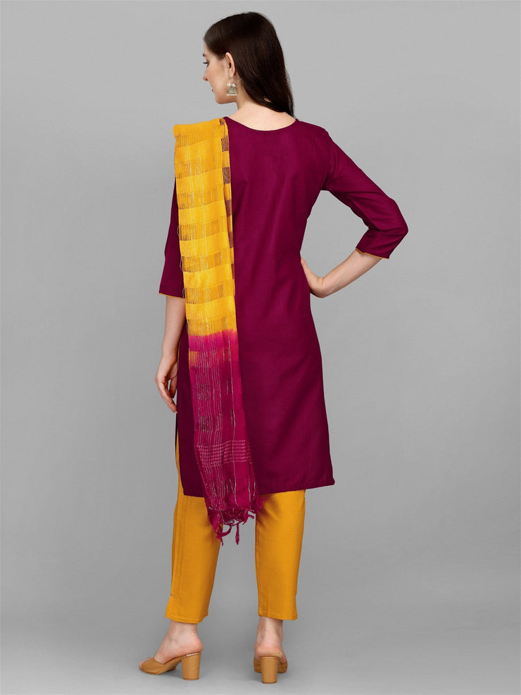 Wine Colour Slub Cotton Embroidery Kurta Pant Dupatta Set For Women's