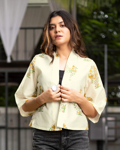 Yellow Colour Viscose Floral Printed Jacket For Women's