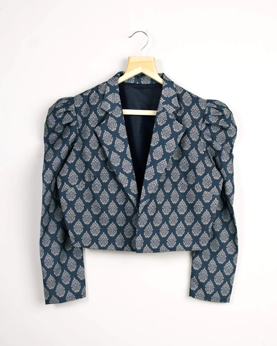 Blue Colour Printed Puff Sleeve Jacket For Women's